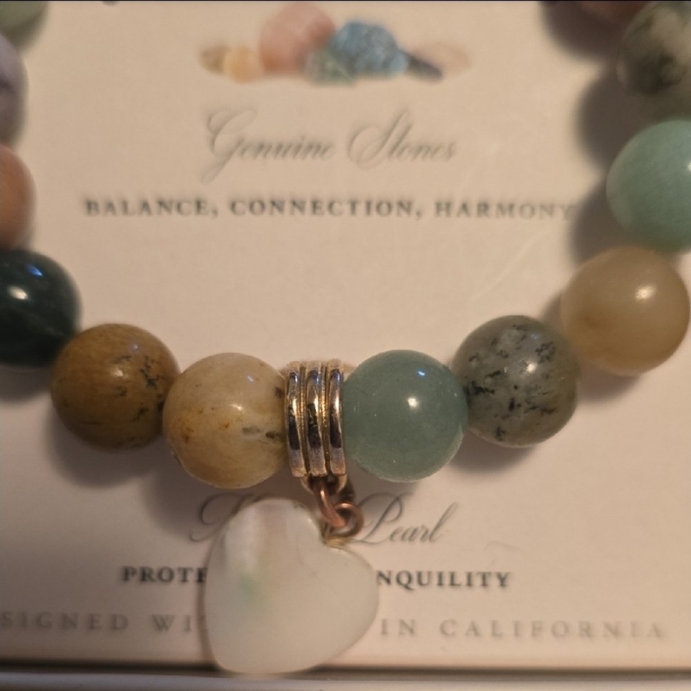 LUNAšNORTE Stretch Bracelet Brass, Genuine Stones MOTHER OF PEARLš¤HEART NIB - Picture 4 of 5